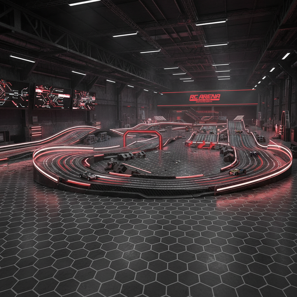 Panoramic view of indoor RC racing arena with multiple tracks and neon lighting
