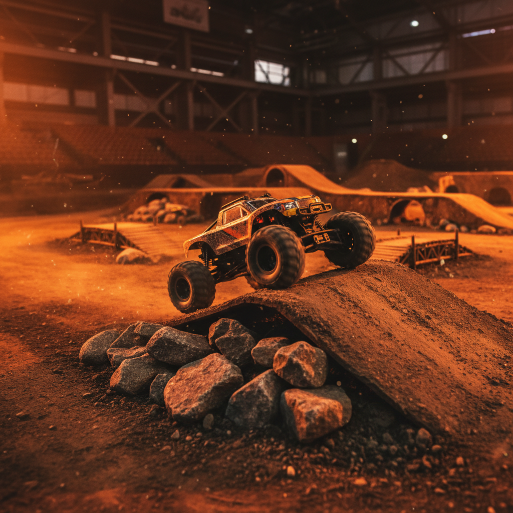 RC monster truck crawling over rocky terrain and ramps on indoor off-road obstacle course