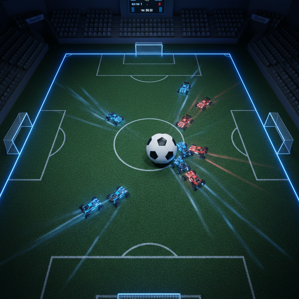 RC cars competing in a soccer match on green turf field inside dark arena with blue neon lighting